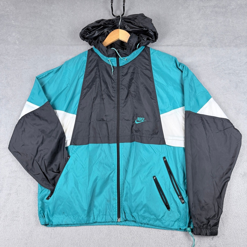 Vintage Nike Windbreaker Jacket Mens Large Teal Black Colorblock 90s Full Zip